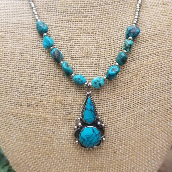 Turquoise Pedant Necklace, Sterling Silver Jewelry, Natural Turquoise, Beaded Necklace, Protection Gemstone, Boho Witchy, Crystal, BN112