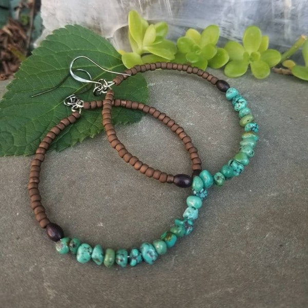 Beaded Turquoise Hoop Earrings, Earthy Large Beaded Hoops, Natural Healing Crystal, Boho Hoops, Boho, Bohemian Southwestern, Rustic