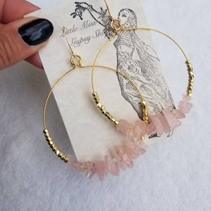 Rose Quartz Crystal Gemstone Hoop Earrings, Gold Beaded Hoops, Pink Stone, Gold Hoops, Boho Chic, Quartz Crystal, Gold Hypoallergenic, Love