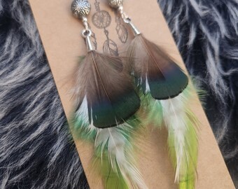 Green Peacock Feather Earrings, Rare Bird Feathers, Long Green Feather Earrings, Hippie Boho Bohemian, Tribal Fusion, Pixie, Fairy Woodland