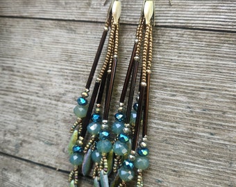 Woodland Fairy Core Long Beaded Fringe Earrings,  Iris Seed Bead Earrings, Crystal Boho Bohemian Beaded, Bronze, Victorian Eclectic Beadwork