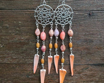 Pink Coral Boho Dreamcatcher Earrings, Shell, Rustic Bohemian, Vintage Czech Glass Beads, Dangle Earrings, Long Layered, Chandelier Earrings