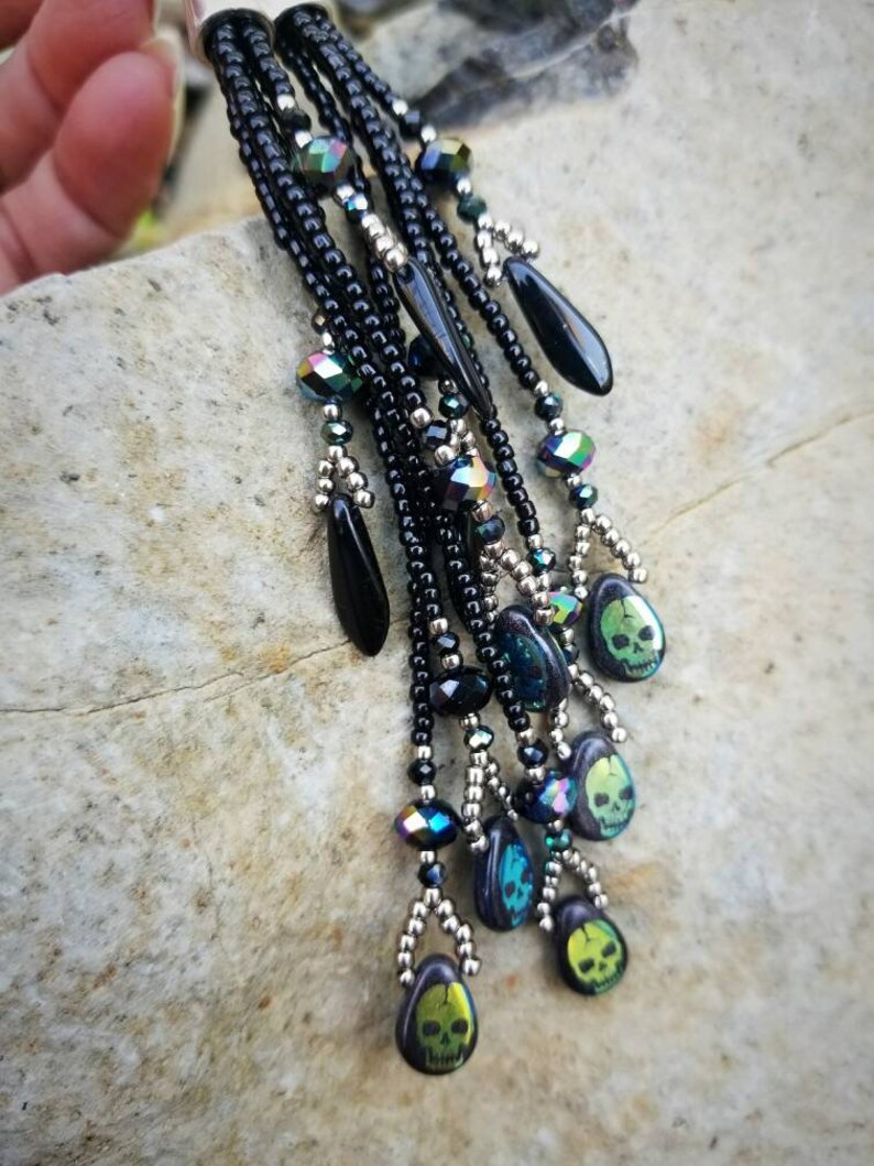 Metallic Skulls Day of the Dead Handmade Seed Bead Earrings Beaded Skull Earrings Boho Dark Goth Halloween Long Beaded Fringe Earrings