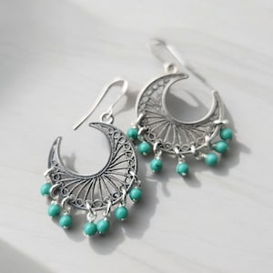 Turquoise Crescent Moon Charm Earrings, Silver Moon, Green, Luna Lunar, Moon Dangle Earrings, Witchy Hippie, Filigree, Moon Child, Half Moon