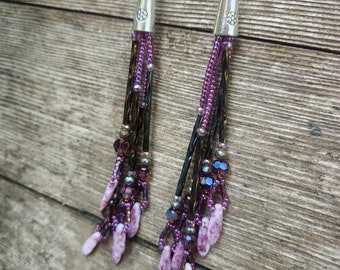 Dusty Rose Long Beaded Fringe Earrings, Purple Iris Seed Bead Earrings, Crystal Boho Bohemian Beaded, Eclectic Beadwork, Pink Purple Silver