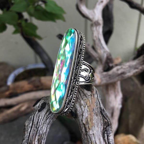 Rainbow Mystic Topaz Ring, Size 9 Sterling Silver Ring, Big Crystal Ring, Gemstone, Bohemian, Boho, Gypsy, Hippie, Witch, Energy SS70