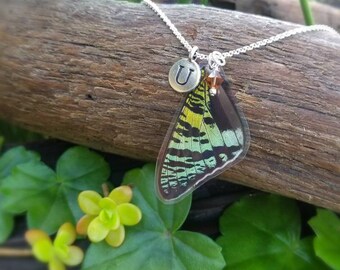 Personalized Initial Charm Necklace, Butterfly Wing, Custom Letter Monogram, Silver, Birthstone, Memory Keepsake, Alphabet, Memorial Jewelry