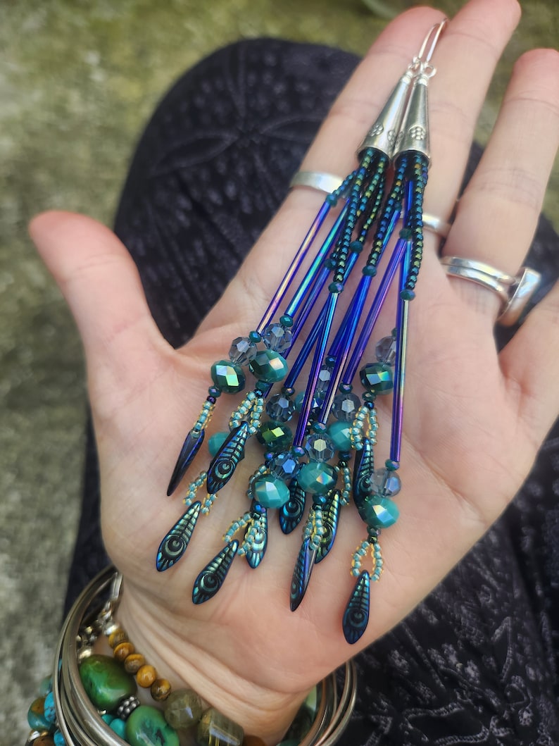 Peacock Mermaid Long Beaded Fringe Earrings, Cobalt Blue Seed Bead ...