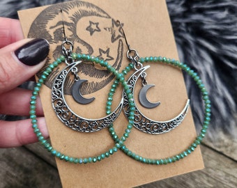 Mint Crystal Moon Hoop Earrings, Crescent Moon Charm Hoops, Bohemian, Layered Hoop Earrings, Witchy Moon Earrings, Green Hoops, Boho Beaded