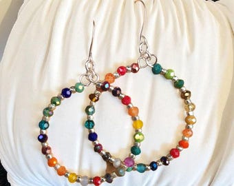 Small Colorful Kaleidoscope Hoop Earrings, Silver Beaded Crystal Hoops, Fiesta Hoops, Boho, Mixed Crystal, Mixed Colors, Hypoallergenic