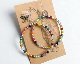 Colorful Kaleidoscope Hoop Earrings, Silver Beaded Crystal Hoops, Fiesta Silver Hoops, Boho, Mixed Crystal, Mixed Colors Hypoallergenic