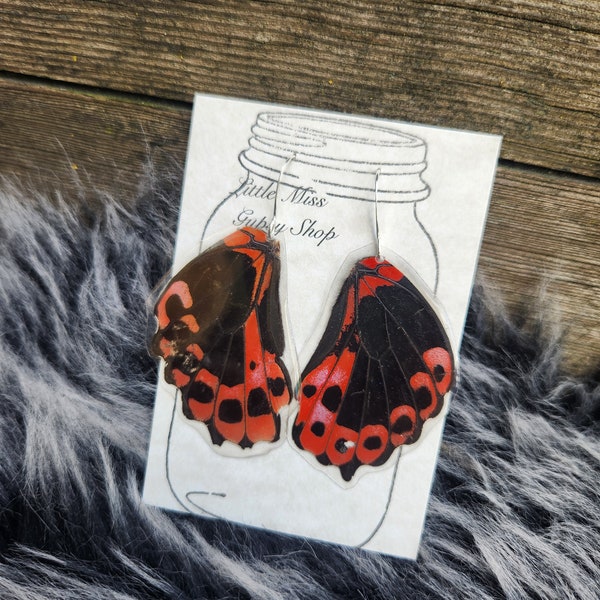 Big Butterfly Wing Earrings, Red Scarlet Mormon Resin Coated Butterfly, Bohemian Earrings, Boho, Large Wings, Insect Bug, Oddity, Goth BW105