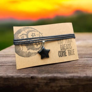 Black Onyx Star Charm Necklace, Adjustable Vegan Cord Choker