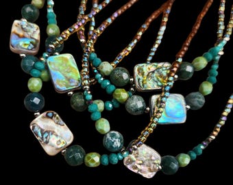 Beaded Abalone Necklace, Beaded Choker, Glass Seed Bead Necklace, Ombre Gradient Beaded Choker, Beach Mermaid Shell Necklace, Brown & Green