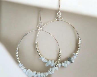 Beaded White Gemstone Large Hoop Earrings, White Howlite Silver Hoop Earrings, Beachy Vacation Hoops, Boho, Crystal Hoop Earrings, Stainless