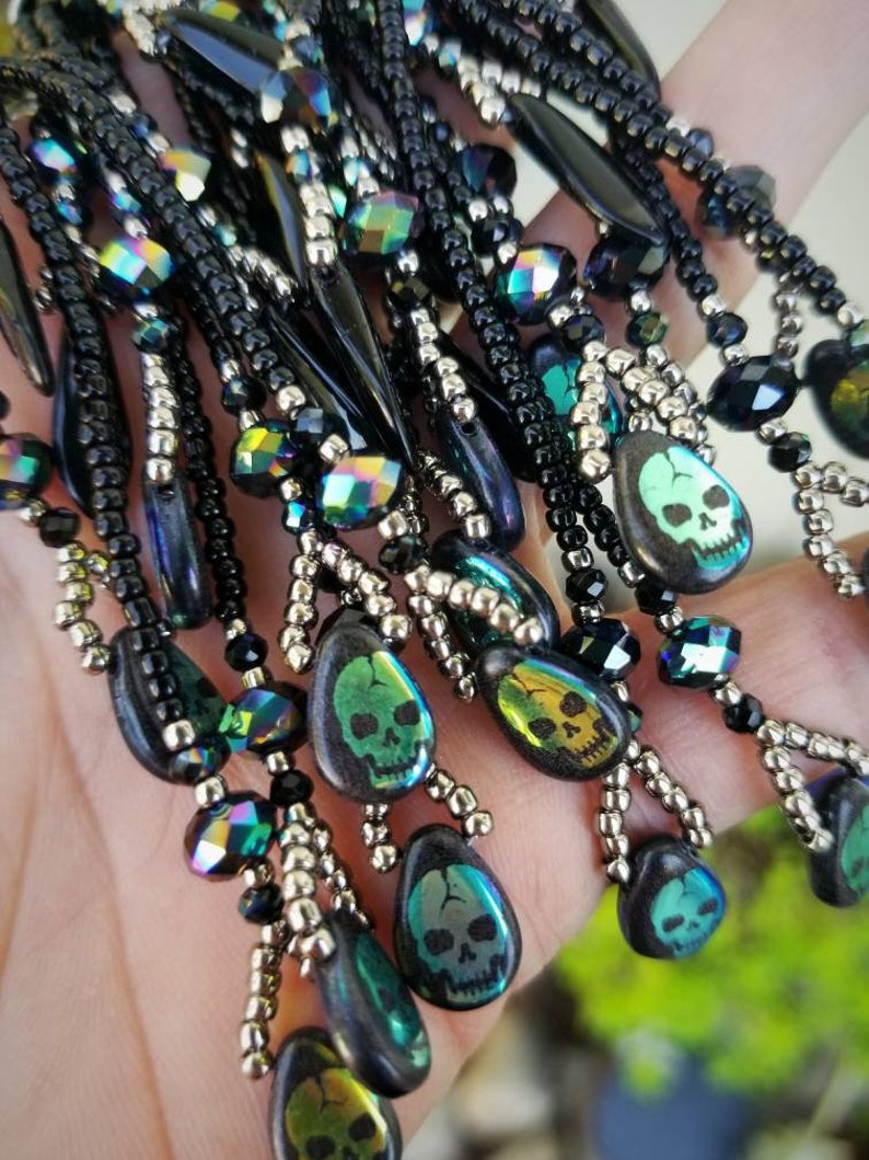 Metallic Skulls Day of the Dead Handmade Seed Bead Earrings Beaded Skull Earrings Boho Dark Goth Halloween Long Beaded Fringe Earrings