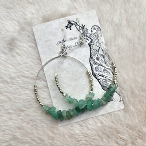Green Aventurine Gemstone Hoop Earrings, Beaded Crystal Hoops, Natural, Healing Crystal, Silver Hoops, Boho Bohemian, Earthy, Hypoallergenic