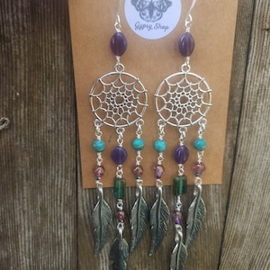 Boho Dreamcatcher Earrings, Rustic Bohemian, Vintage Czech Glass Beads, Dangle Earrings, Long Layered, Chandelier Earrings, Silver Feathers image 1