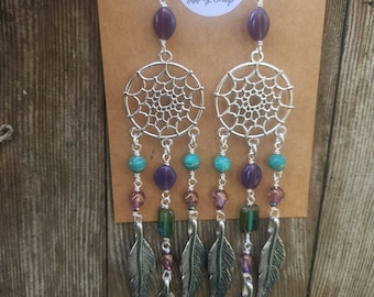 Boho Dreamcatcher Earrings, Rustic Bohemian, Vintage Czech Glass Beads, Dangle Earrings, Long Layered, Chandelier Earrings, Silver Feathers