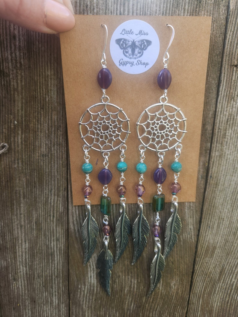 Boho Dreamcatcher Earrings, Rustic Bohemian, Vintage Czech Glass Beads, Dangle Earrings, Long Layered, Chandelier Earrings, Silver Feathers image 1