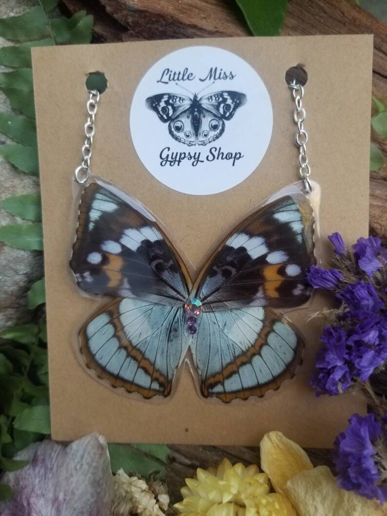 Resin Butterfly Wings Real Butterfly Necklace Insect Boho Witchy Fairy Wings Oddity Jewelry Blue Gray Purple Butterfly Cruelty Free