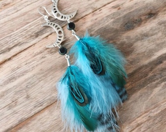 Fluffy Blue Feather Earrings, Crescent Moon Phase Charm, Brown and Blue, Celestial, Natural Grizzly Feathers, Hippie Boho Festival Feathers