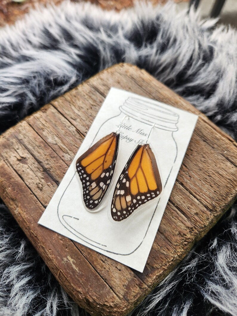 Real Monarch Butterfly Wing Earrings, Resin Wings, Earthy Organic Jewelry, Festival, Natural, Witchy, Hippie, Boho, Unique Gift, Fairy BW037 image 6