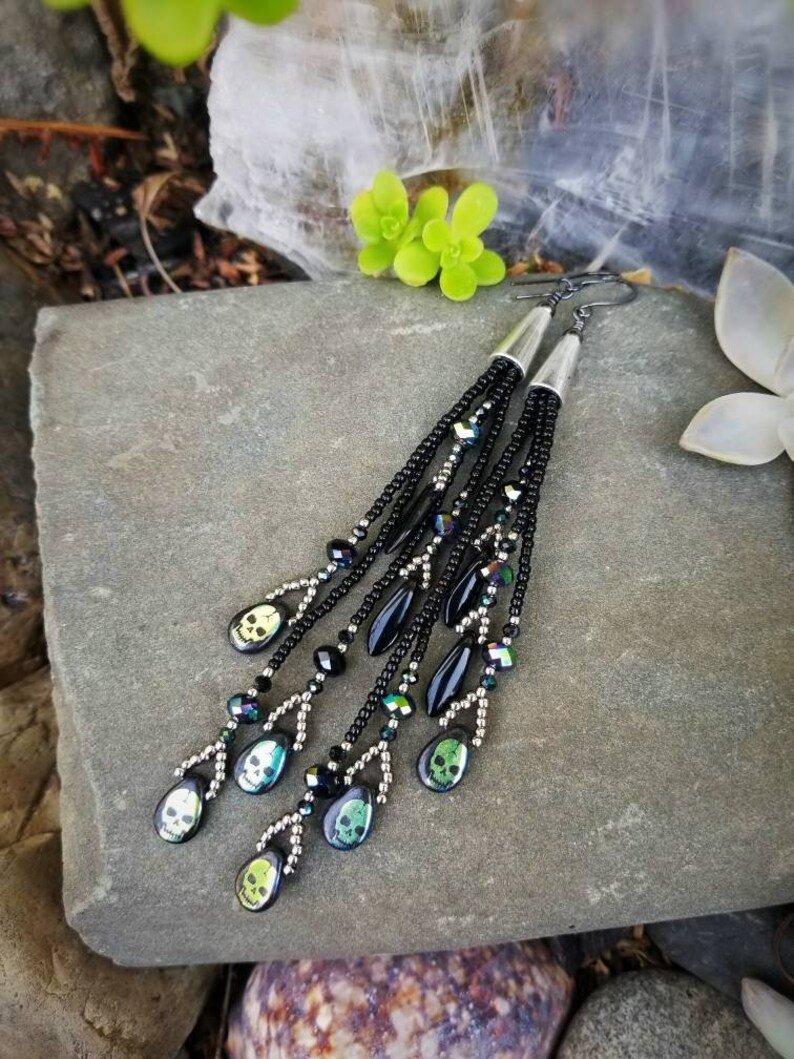 Metallic Skulls Day of the Dead Handmade Seed Bead Earrings Beaded Skull Earrings Boho Dark Goth Halloween Long Beaded Fringe Earrings