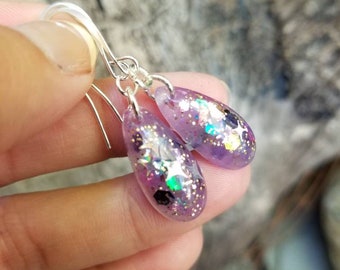 Purple Glitter Resin Earrings, Petite Small Dangle Earrings, Holographic, Rainbow Aurora Borealis, Hypoallergenic, Cute Girls Earrings