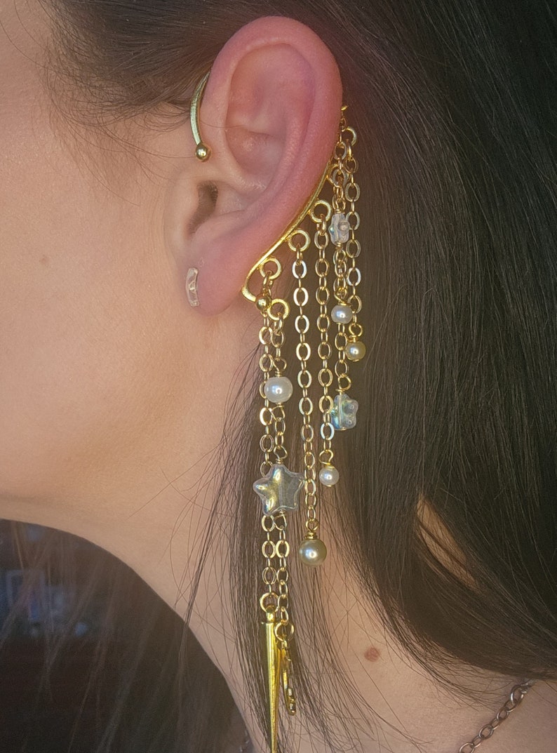 Beaded Ear Cuff, No Piercing Earring, Earring Wrap Cuff, Celestial Ear Cuff, Silver Gold Ear Cuff, Fairy Fae, Elven Ear Cuff, Tribal, EDC image 2