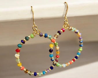 Small Kaleidoscope Hoop Earrings, Gold Beaded Crystal Fiesta Hoops