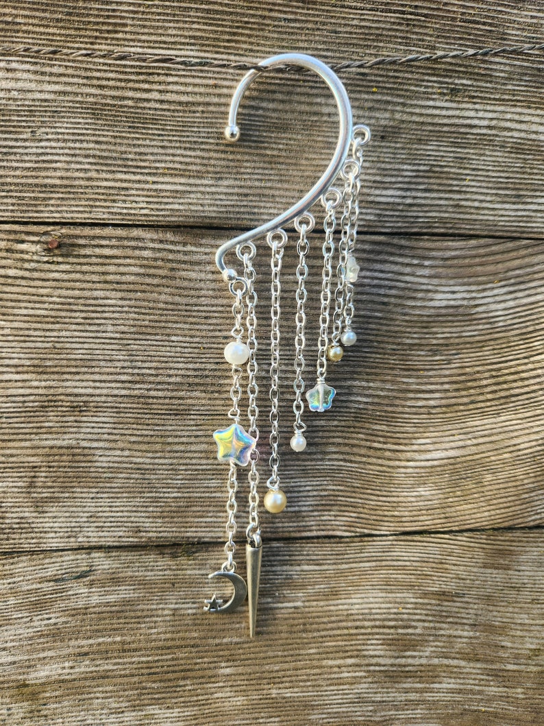 Beaded Ear Cuff, No Piercing Earring, Earring Wrap Cuff, Celestial Ear Cuff, Silver Gold Ear Cuff, Fairy Fae, Elven Ear Cuff, Tribal, EDC image 8