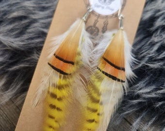 Orange and Yellow Feather Earrings, Long Rooster Feathers, Neutral, Hippie Raver, Boho Bohemian, Tribal Fusion, Earthy, Colorful Neon Bright