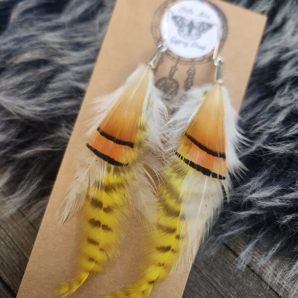 Orange and Yellow Feather Earrings, Long Rooster Feathers, Neutral, Hippie Raver, Boho Bohemian, Tribal Fusion, Earthy, Colorful Neon Bright