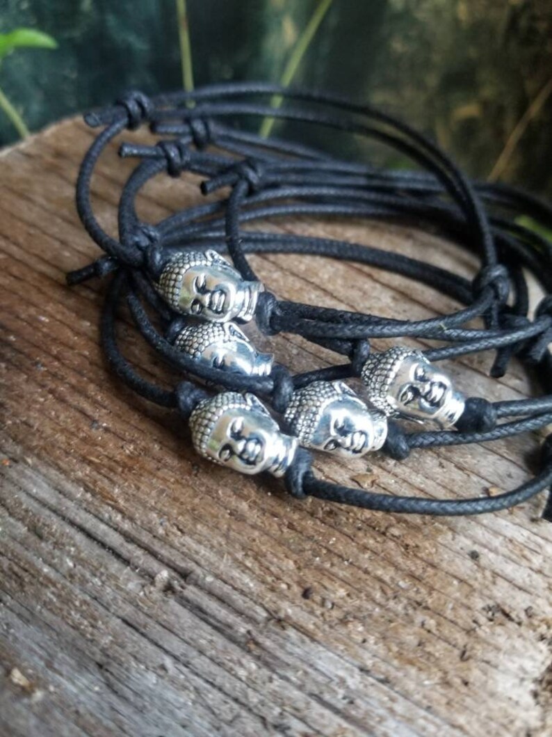 Black Cord Bracelet, Silver Buddha Charm, Cotton Cord, Yoga Jewelry, Zen, Spiritual, Sterling Silver Plated, Vegan Cord, Minimal, Guy Gift image 2