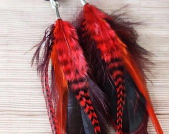 Long Red Festival Feather Earrings, Goth Feather Earrings, Red Black Orange, Striped Earthy Natural Feathers, Grizzly Feathers, Rustic Boho