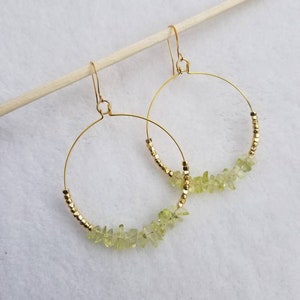 Chartreuse Green Gemstone Hoop Earrings, Gold Beaded Crystal Hoops, Natural, Gold Hoops, Boho Rustic, Quartz Crystal, Gold Hypoallergenic