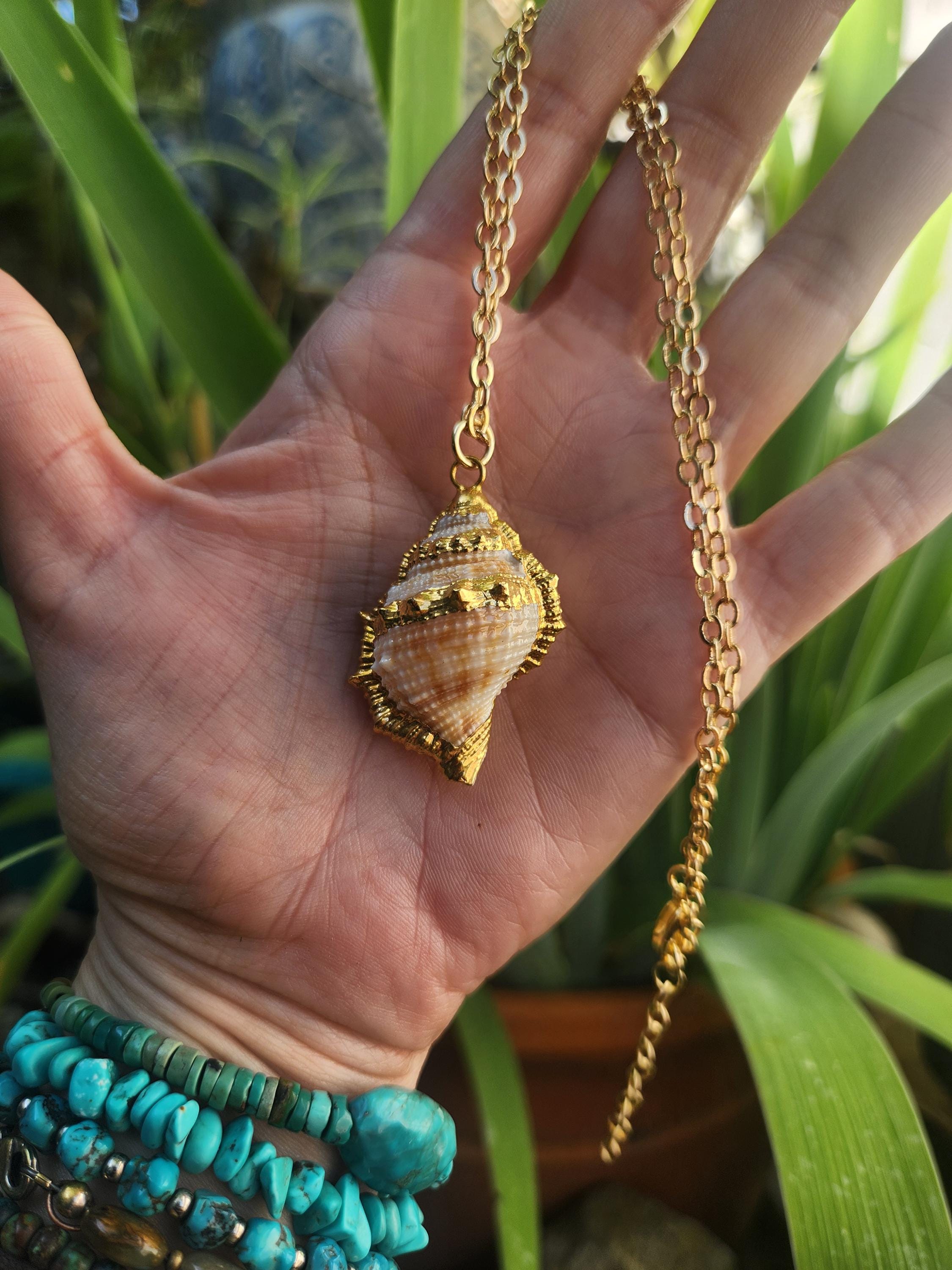 Gold Electroplated Real Seashell Pendant Necklace, Adjustable