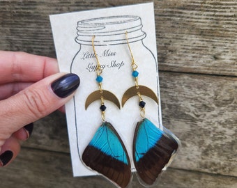 Beaded Blue Real Butterfly Wing Earrings, Half Brass Moons, Resin Coated Butterfly Specimen, Insect Bug, Oddity Jewelry, Memorial Jewelry