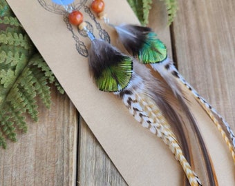 Extra Long Black Feather Earrings, Peacock Feathers, Grizzly Hair Extension, Extra Long, White Striped, festival, boho Feathers, carnelian
