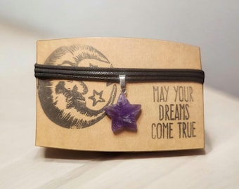Amethyst Star Charm Necklace, Carved Gemstone, Black Cotton Cord
