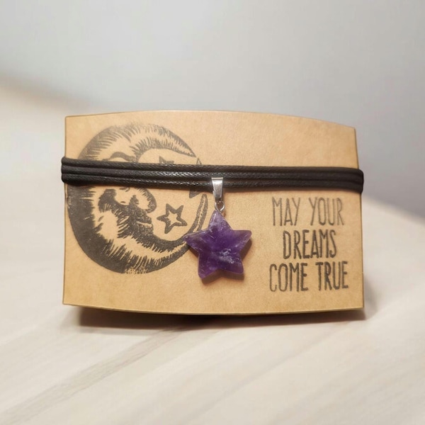 Amethyst Star Charm Necklace, Carved Gemstone, Black Cotton Cord