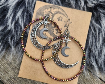 Crystal Moon Hoop Earrings, Pink Rainbow Iris, Crescent Moon Charm Hoops, Bohemian, Layered Hoop Earrings, Witchy Moon Earrings, Boho Beaded