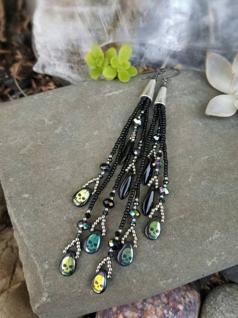 Metallic Skulls Day of the Dead Handmade Seed Bead Earrings Beaded Skull Earrings Boho Dark Goth Halloween Long Beaded Fringe Earrings