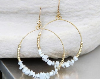 Beaded White Gemstone Large Hoop Earrings, White Howlite Gold Hoop Earrings, Beachy Vacation Hoops, Boho, Crystal Hoop Earrings, Stainless