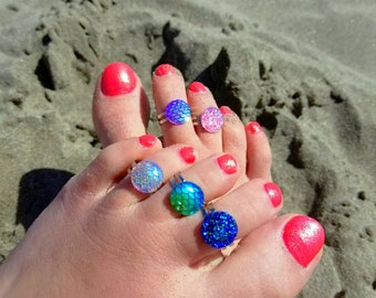 Cute Toe Ring, Adjustable Toe Ring, Faux Druzy, Mermaid, Rainbow Aura, Midi Rings, Child Size Ring, Crystal Ring, Sparkly, Glitter, Fun Cute