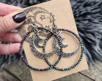 Crystal Moon Hoop Earrings, Purple Iris, Crescent Moon Charm Hoops, Bohemian, Layered Hoop Earrings, Witchy Moon Earrings, Boho Beaded