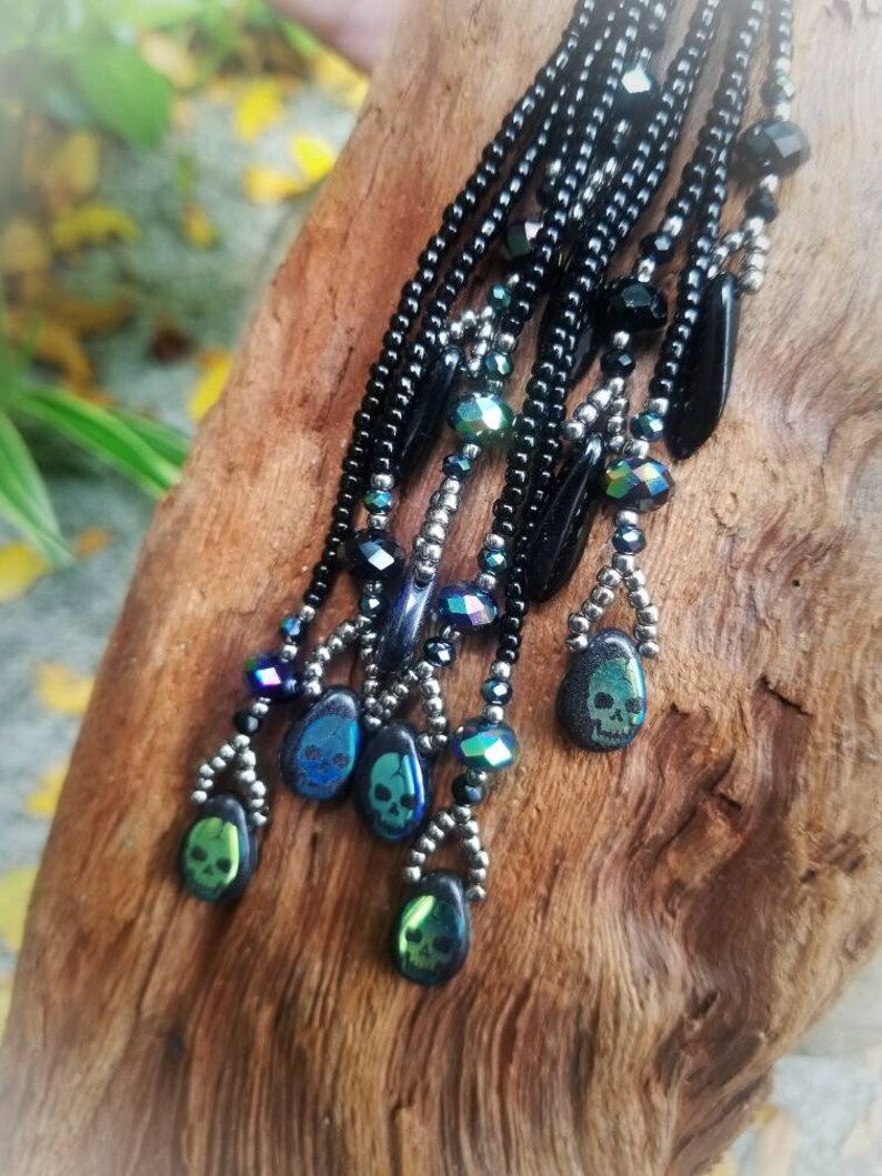 Metallic Skulls Day of the Dead Handmade Seed Bead Earrings Beaded Skull Earrings Boho Dark Goth Halloween Long Beaded Fringe Earrings