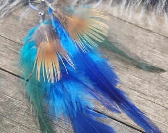 Blue Bohemian Feather Earrings, Striped Earthy Natural Feathers, Brown Grizzly Hair Extension, Peacock, Hippie Boho Bohemian, Tribal Fusion