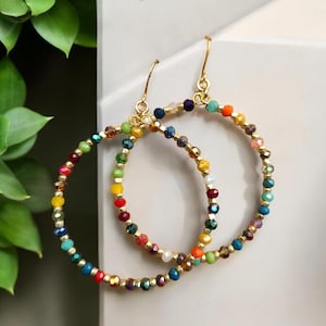 Colorful Kaleidoscope Hoop Earrings, Gold Beaded Crystal Hoops, Fiesta Gold Hoops, Boho, Mixed Crystal, Mixed Colors, Gold Hypoallergenic
